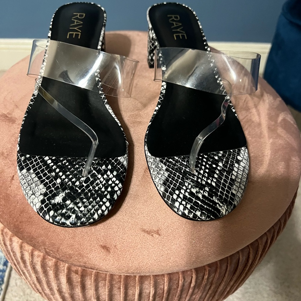 Raye sandals with clear strap and snakeskin heel